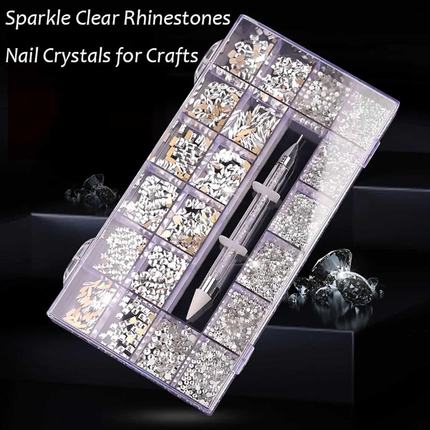 Nail Rhinestones Kit, Nail Art Decorations with Wax Pencil Flat AB Rhinestones Kit DIY Crafts Gemstones for Nail, Shoes, Clothes, Jewels (600 Red Diamonds   2500 Flat Rhinestone)