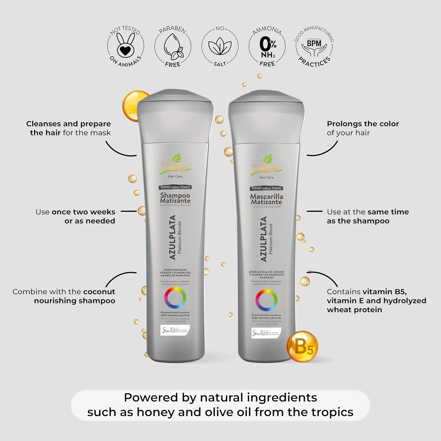 naissant Silver Ash Blonde Hair Blue Shampoo | Eliminates Brassiness | Neutralizes Yellow & Orange Tones | Paraben, Ammonia & Sulfate Free | Pro-Vitamin B5, Olive Oil & Honey (Azul Plata) 10.1 Fl Oz