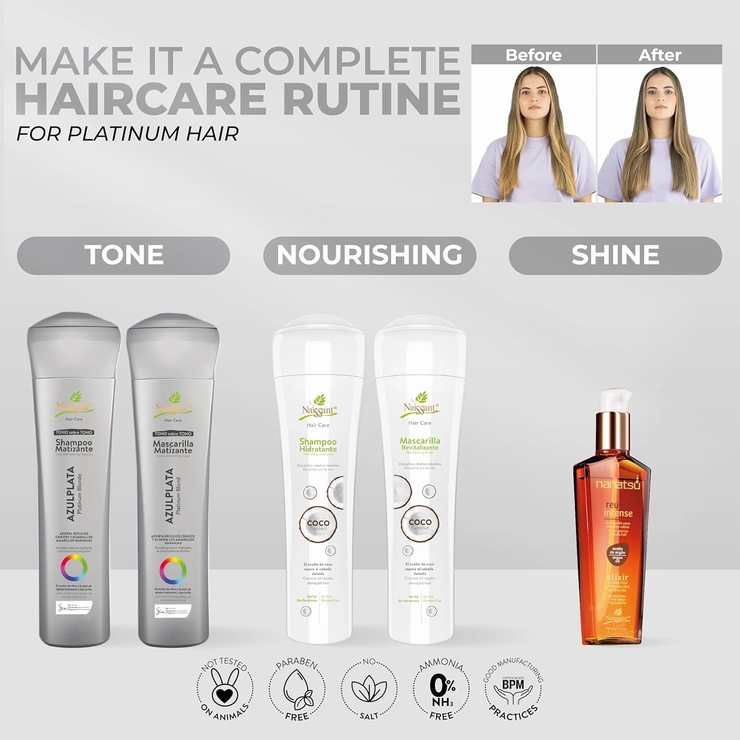 naissant Silver Ash Blonde Hair Blue Shampoo | Eliminates Brassiness | Neutralizes Yellow & Orange Tones | Paraben, Ammonia & Sulfate Free | Pro-Vitamin B5, Olive Oil & Honey (Azul Plata) 10.1 Fl Oz