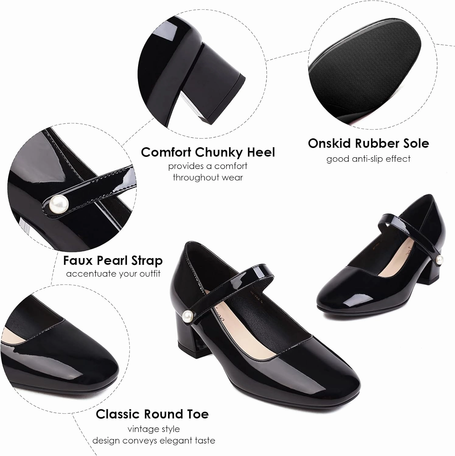 Naiyee Mary Jane Shoes Women Chunky Heel Ankle Strap Dress Shoes for Women Low Heels Close Rounded Toe Pumps