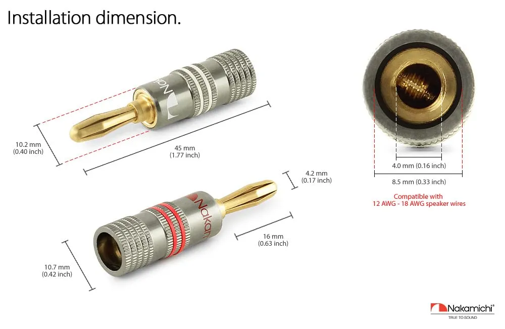Nakamichi Ultimate Series 24K Gold Plated Beryllium Red Copper Banana Plug 12-18 AWG Gauge Size 4mm Connector for Speakers Wire Amplifiers Hi-Fi Sound Systems (12 Pcs (6-Pairs), Banana Plugs)