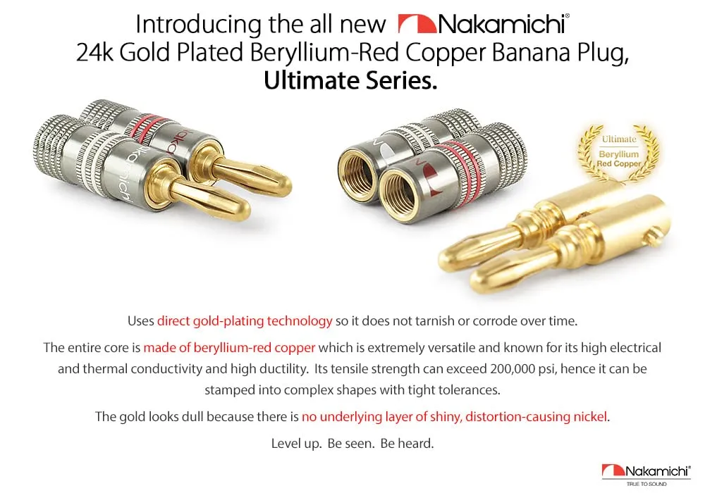 Nakamichi Ultimate Series 24K Gold Plated Beryllium Red Copper Banana Plug 12-18 AWG Gauge Size 4mm Connector for Speakers Wire Amplifiers Hi-Fi Sound Systems (12 Pcs (6-Pairs), Banana Plugs)