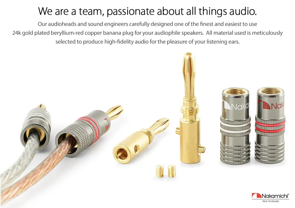 Nakamichi Ultimate Series 24K Gold Plated Beryllium Red Copper Banana Plug 12-18 AWG Gauge Size 4mm Connector for Speakers Wire Amplifiers Hi-Fi Sound Systems (12 Pcs (6-Pairs), Banana Plugs)