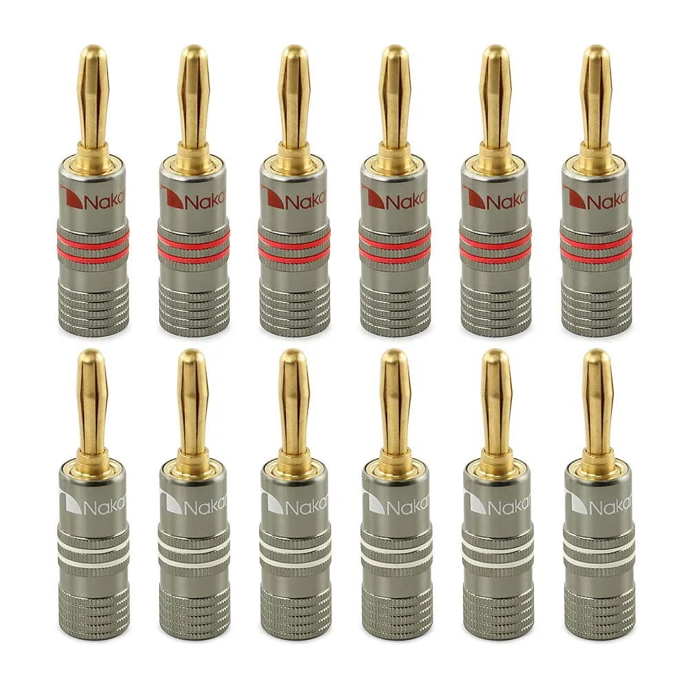Nakamichi Ultimate Series 24K Gold Plated Beryllium Red Copper Banana Plug 12-18 AWG Gauge Size 4mm Connector for Speakers Wire Amplifiers Hi-Fi Sound Systems (12 Pcs (6-Pairs), Banana Plugs)