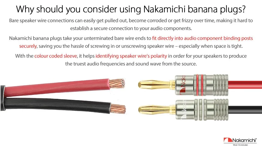 Nakamichi Ultimate Series 24K Gold Plated Beryllium Red Copper Banana Plug 12-18 AWG Gauge Size 4mm Connector for Speakers Wire Amplifiers Hi-Fi Sound Systems (12 Pcs (6-Pairs), Banana Plugs)