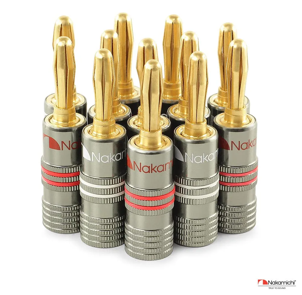 Nakamichi Ultimate Series 24K Gold Plated Beryllium Red Copper Banana Plug 12-18 AWG Gauge Size 4mm Connector for Speakers Wire Amplifiers Hi-Fi Sound Systems (12 Pcs (6-Pairs), Banana Plugs)