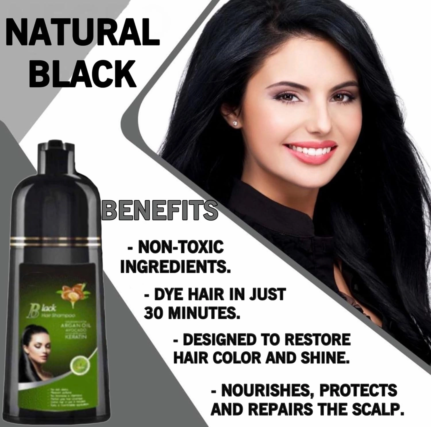 Natural Hair Dye Shampoo 3 in 1 - For Women & Men - Instant Coloring - Herbal Ingredients, Easy to Use & Long Lasting Color (Black)