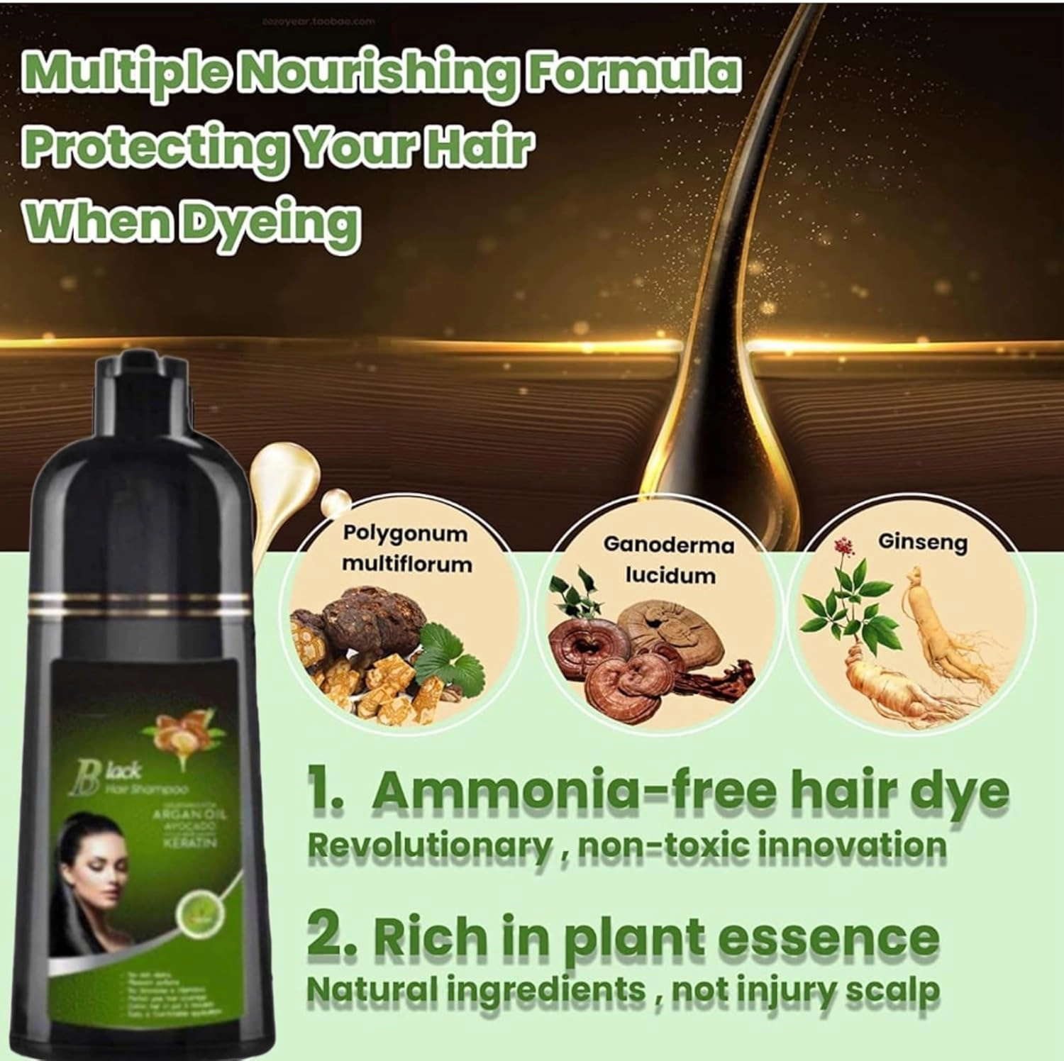 Natural Hair Dye Shampoo 3 in 1 - For Women & Men - Instant Coloring - Herbal Ingredients, Easy to Use & Long Lasting Color (Black)