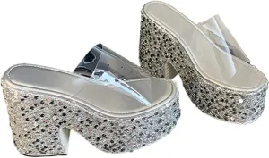 NELSBREXWomen'S Sequined Chunky Wedge Platform Slip-On Transparent Slides Sandals Comfortable Chunky High Heel Clear Strap Non-Slip Sexy Round Toe Shiny Mule Sandals for Prom Wedding