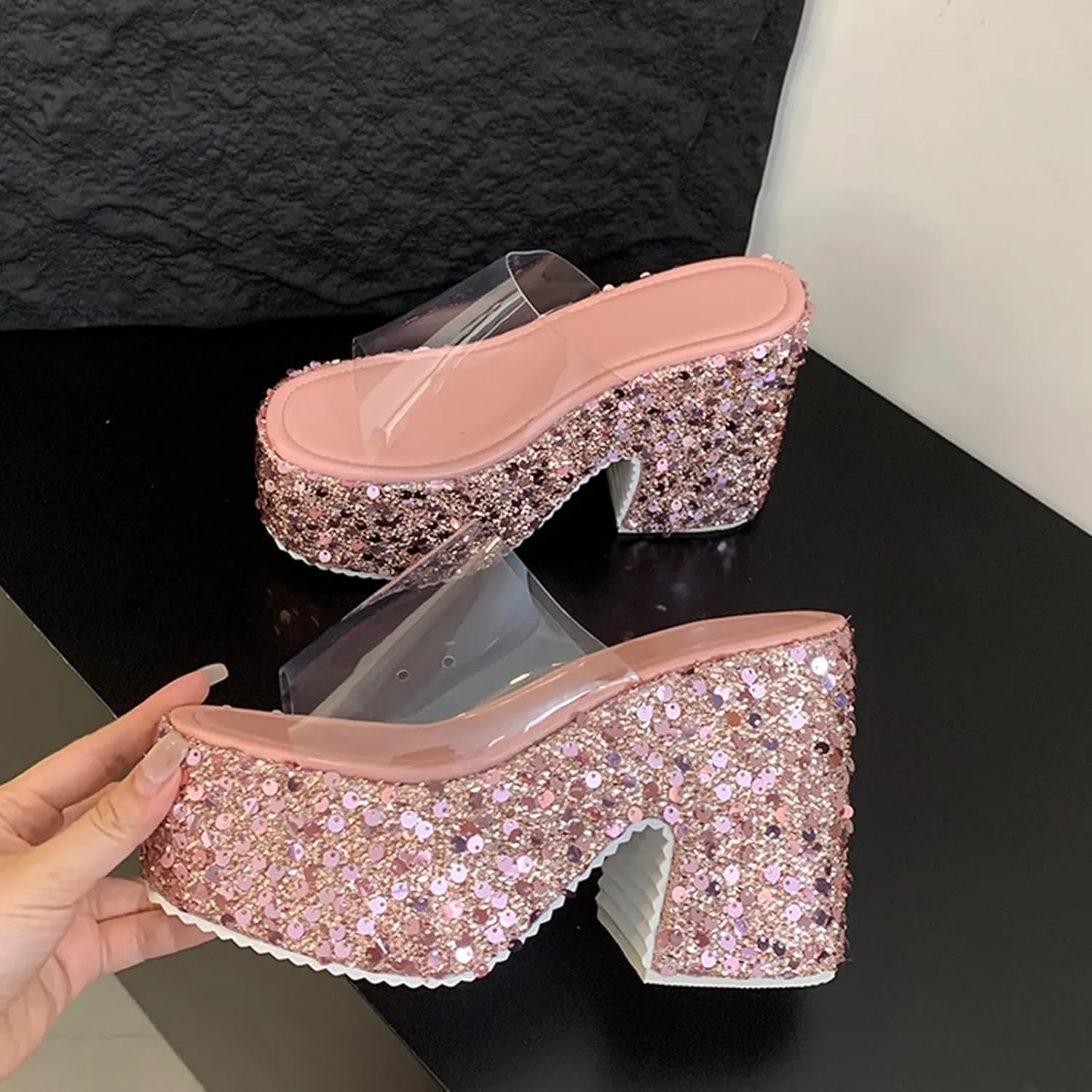NELSBREXWomen'S Sequined Chunky Wedge Platform Slip-On Transparent Slides Sandals Comfortable Chunky High Heel Clear Strap Non-Slip Sexy Round Toe Shiny Mule Sandals for Prom Wedding