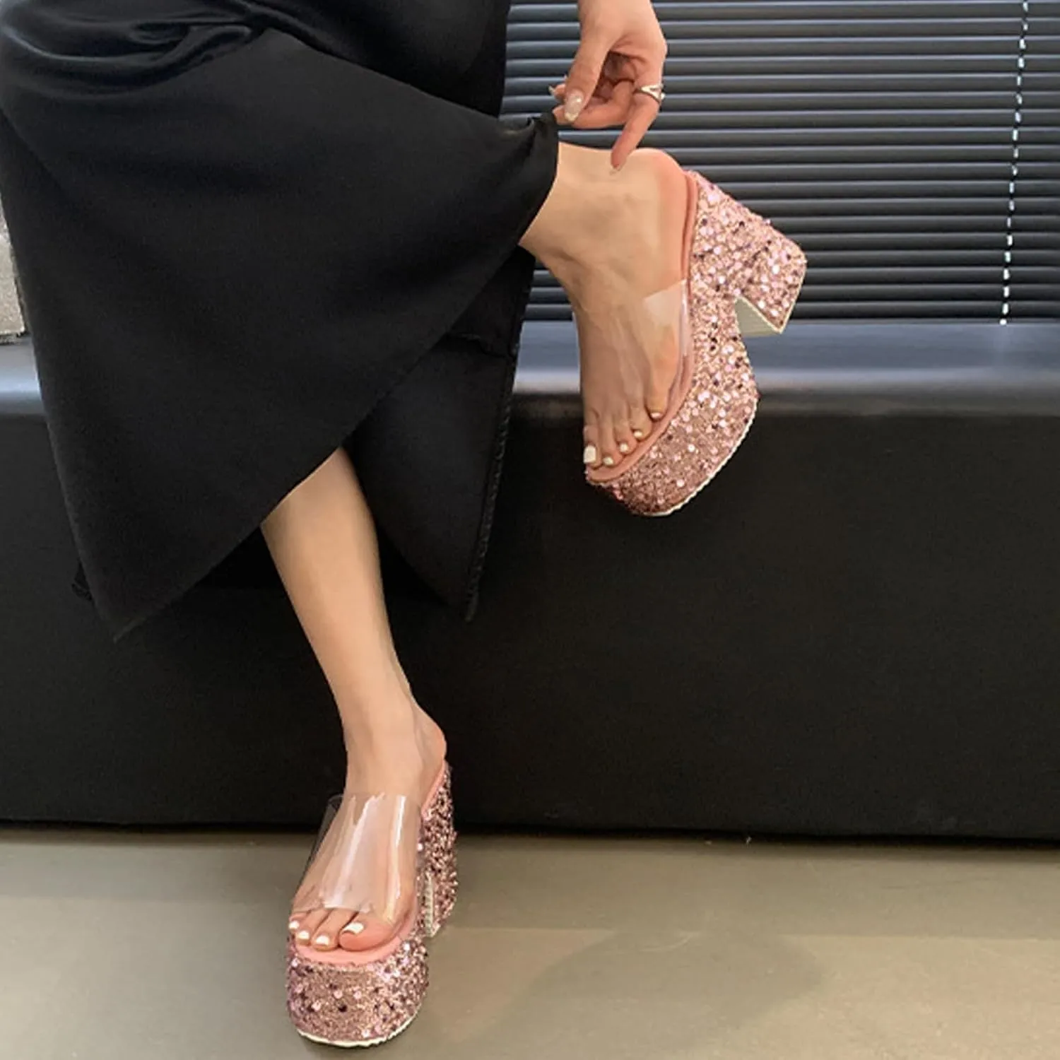 NELSBREXWomen'S Sequined Chunky Wedge Platform Slip-On Transparent Slides Sandals Comfortable Chunky High Heel Clear Strap Non-Slip Sexy Round Toe Shiny Mule Sandals for Prom Wedding