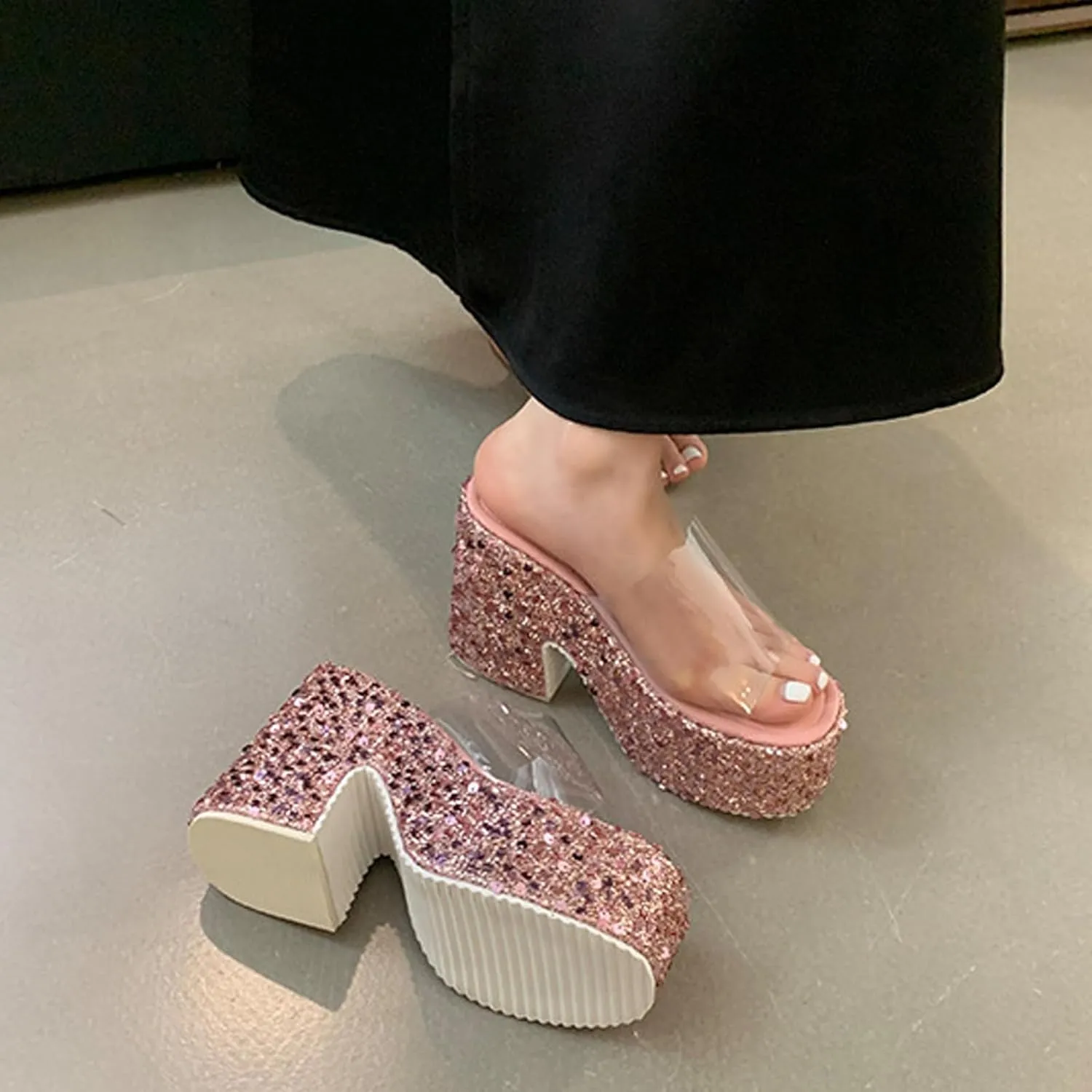 NELSBREXWomen'S Sequined Chunky Wedge Platform Slip-On Transparent Slides Sandals Comfortable Chunky High Heel Clear Strap Non-Slip Sexy Round Toe Shiny Mule Sandals for Prom Wedding