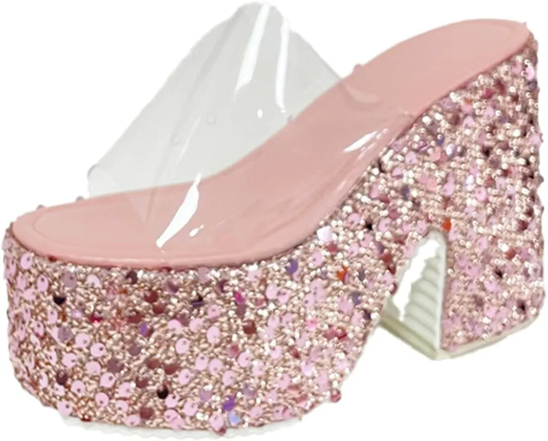 NELSBREXWomen'S Sequined Chunky Wedge Platform Slip-On Transparent Slides Sandals Comfortable Chunky High Heel Clear Strap Non-Slip Sexy Round Toe Shiny Mule Sandals for Prom Wedding