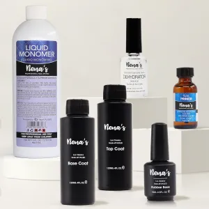 Nena's Complete Acrylic Nail Kit: Monomer Liquid 16 fl oz, Base Coat 4.0 fl oz, Top Coat 4.0 fl oz, Rubber Base 0.5 fl oz, Dehydrator 0.5 fl oz, Primer 1.0 fl oz