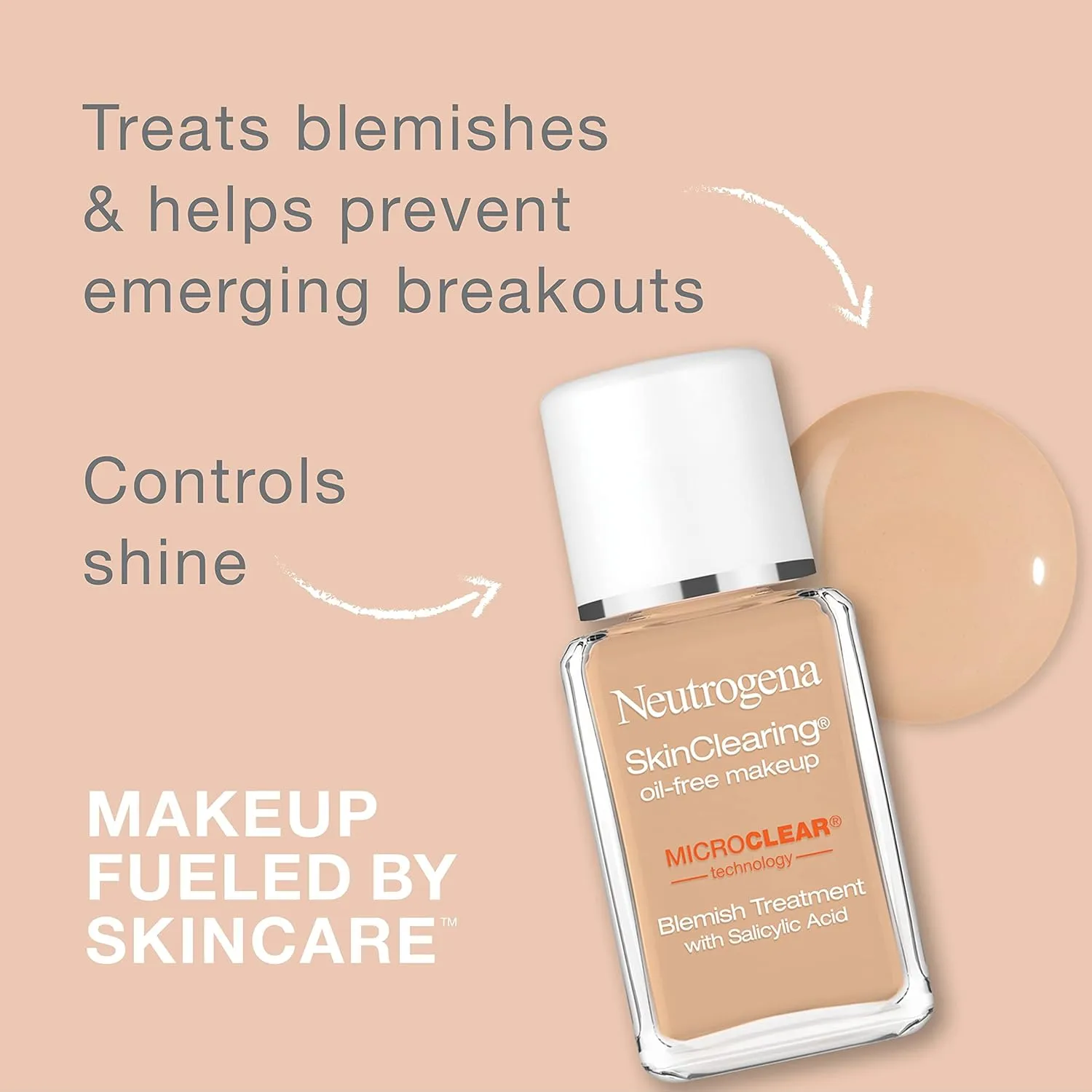 Neutrogena SkinClearing Oil-Free Acne and Blemish Fighting Liquid Foundation with.5% Salicylic Acid Acne Medicine, Shine Controlling Makeup for Acne Prone Skin, 20 Natural Ivory, 1 fl. oz