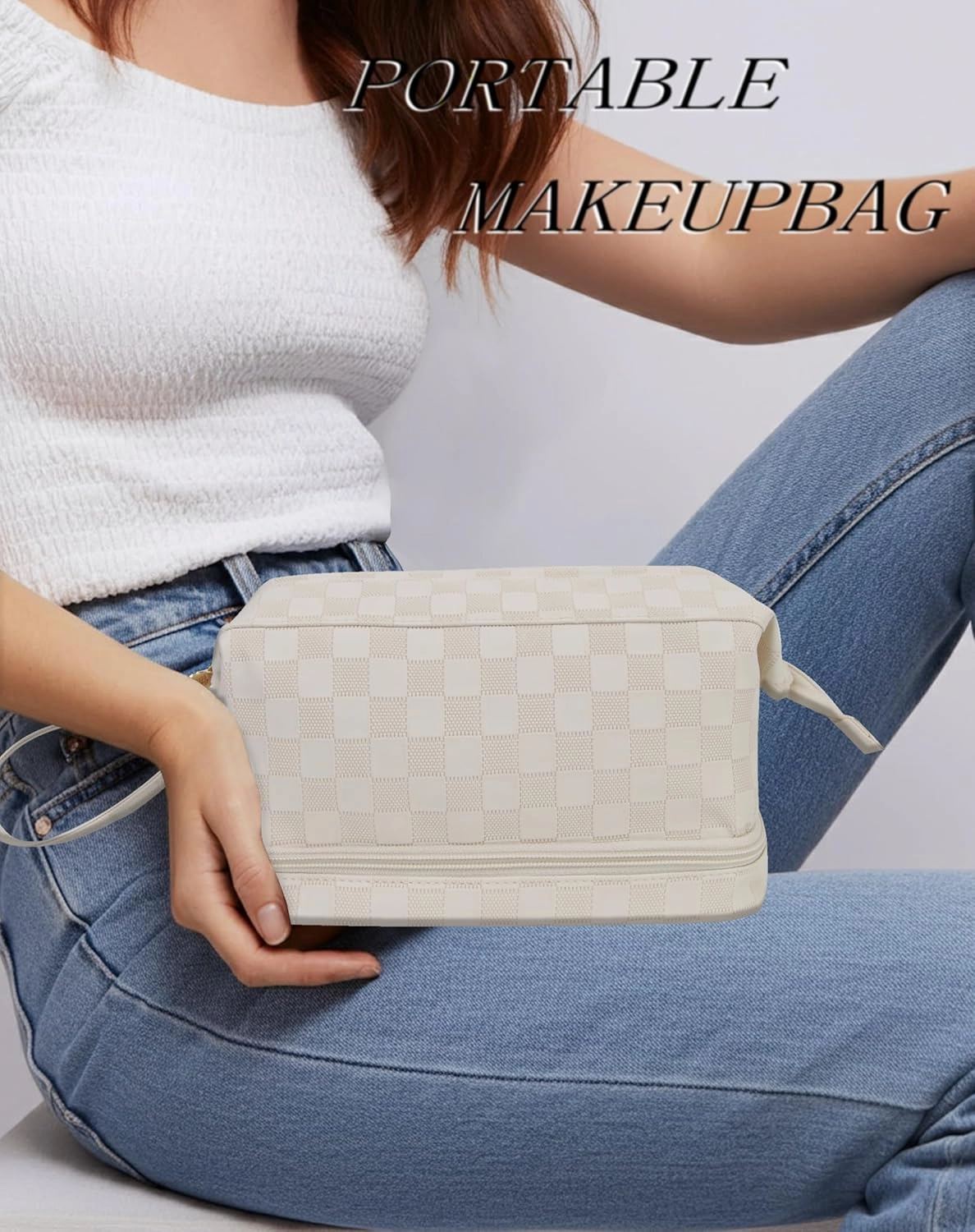 NGIL Faux Leather Cosmetic Bag for Women, Makeup Bag Organizer, Makeup Brush Storage, Portable Travel Bag for Toiletries (Checkered, Cream, Medium)