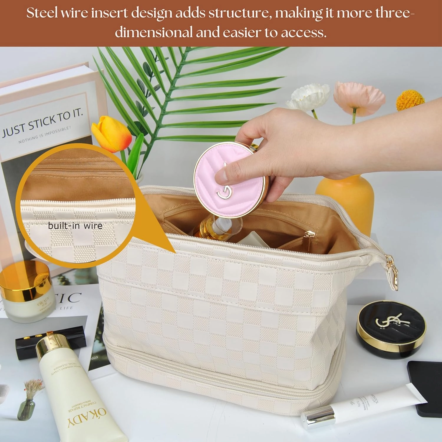 NGIL Faux Leather Cosmetic Bag for Women, Makeup Bag Organizer, Makeup Brush Storage, Portable Travel Bag for Toiletries (Checkered, Cream, Medium)