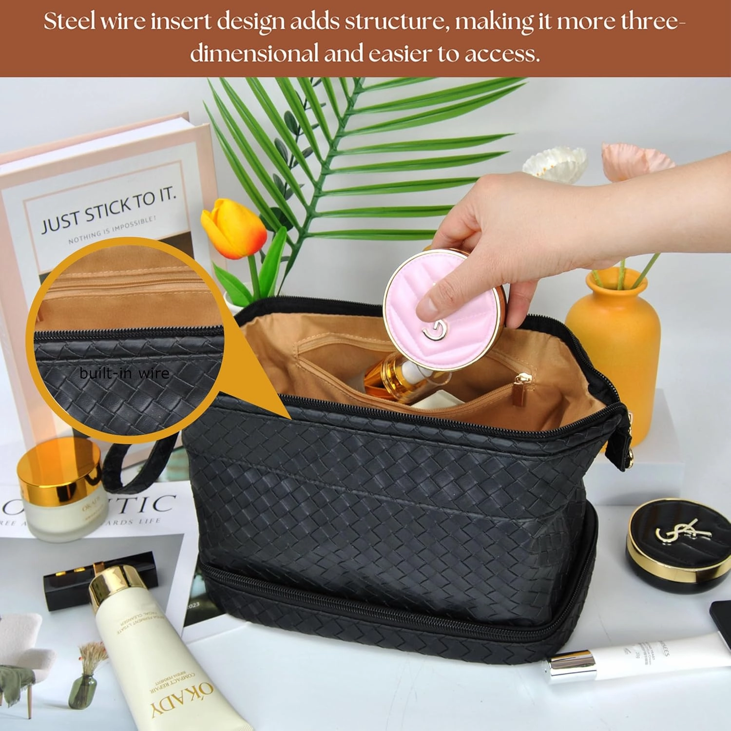 NGIL Faux Leather Cosmetic Bag for Women, Makeup Bag Organizer, Makeup Brush Storage, Portable Travel Bag for Toiletries (Woven, Black, Medium)