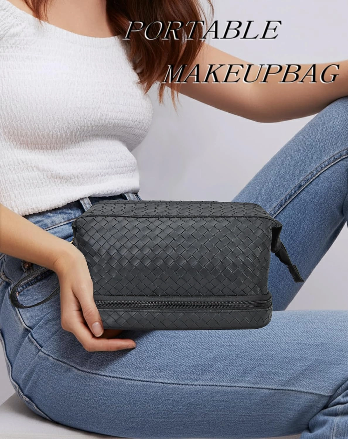 NGIL Faux Leather Cosmetic Bag for Women, Makeup Bag Organizer, Makeup Brush Storage, Portable Travel Bag for Toiletries (Woven, Black, Medium)