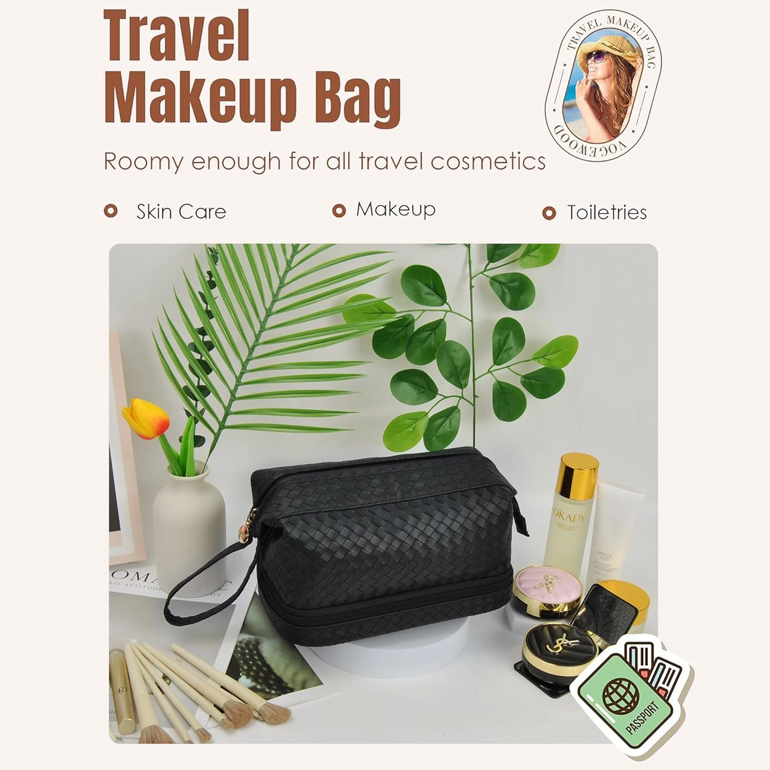NGIL Faux Leather Cosmetic Bag for Women, Makeup Bag Organizer, Makeup Brush Storage, Portable Travel Bag for Toiletries (Woven, Black, Medium)