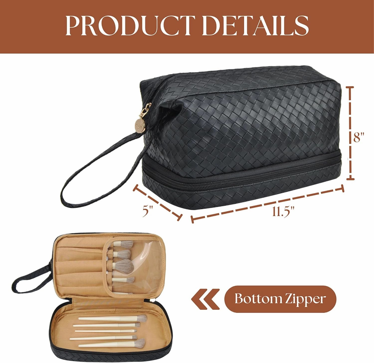 NGIL Faux Leather Cosmetic Bag for Women, Makeup Bag Organizer, Makeup Brush Storage, Portable Travel Bag for Toiletries (Woven, Black, Medium)