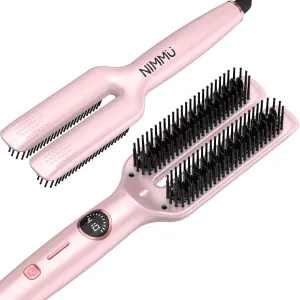 Nimmu Hair Straightener Brush, Hair Straightening Brush Flat Iron for Women with 5 Temps, Ceramic Straightener Comb Fast Heating for Home Salon, Double Heating Plate & Dual Voltage, Pink