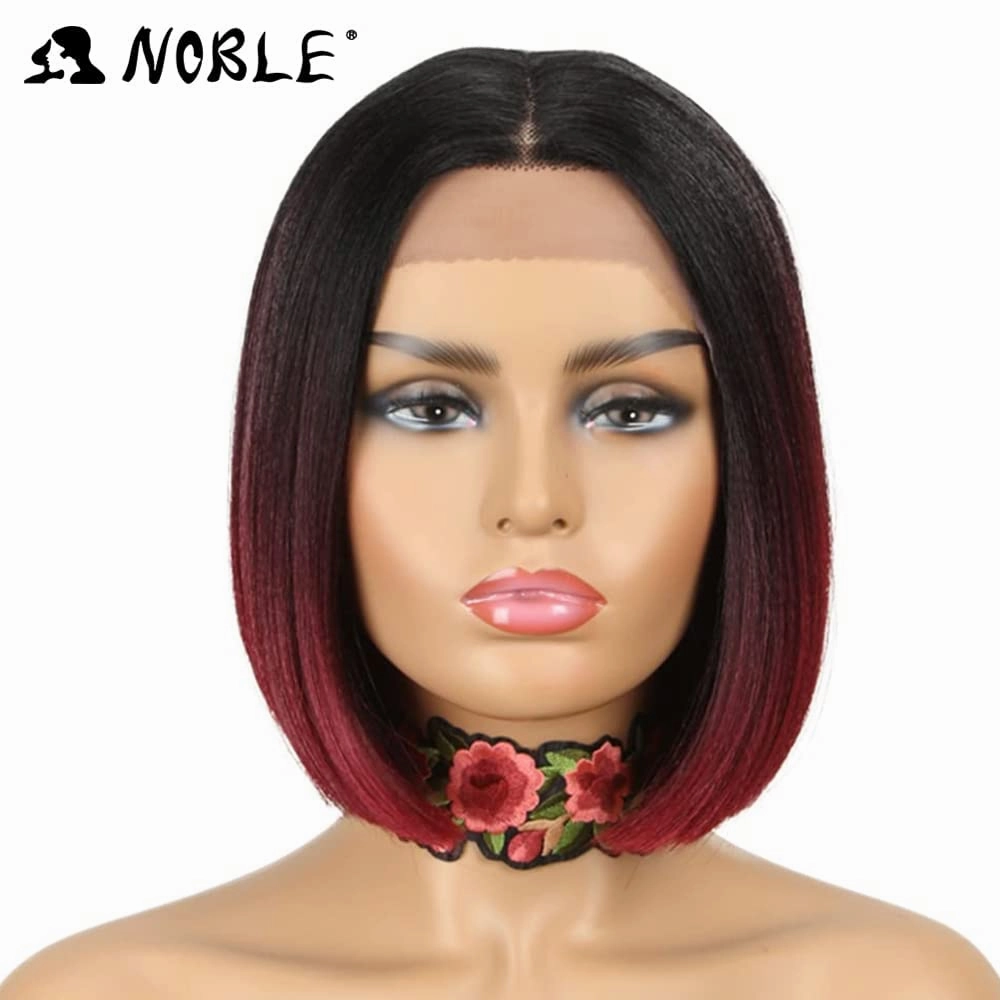 NOBLE Lace Front Wigs for Women Burgundy Red Bob Wigs for Women 10 inches Short Blunt Cut Ombre Bob Wigs Realistic Synthetic Wigs for Party and Daily Use