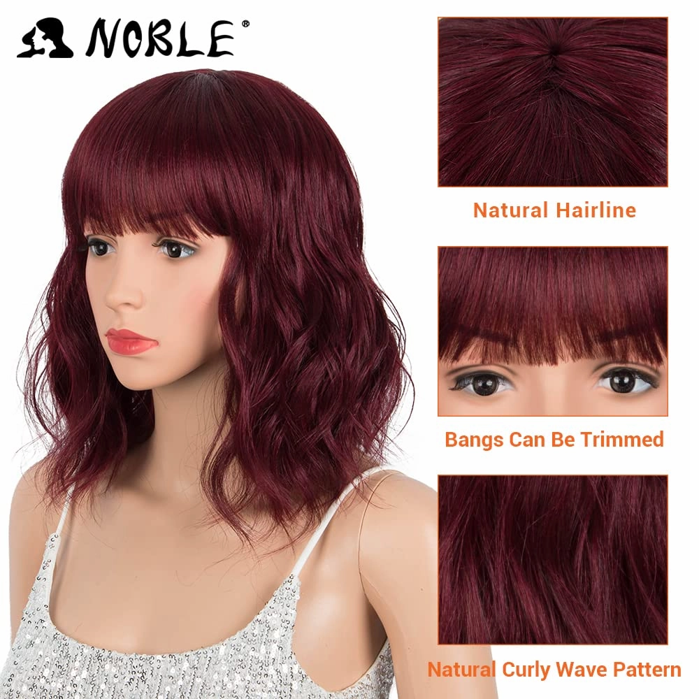 NOBLE Synthetic Ombre Burgundy Wig Short Wavy Wigs With Air Bangs Shoulder Length Wig For Women Curly Wavy Heat Resistant Synthetic Colorful BOB Wigs