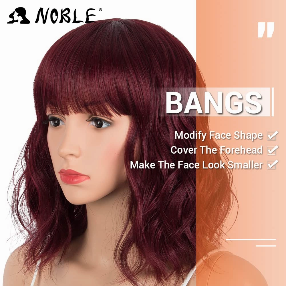 NOBLE Synthetic Ombre Burgundy Wig Short Wavy Wigs With Air Bangs Shoulder Length Wig For Women Curly Wavy Heat Resistant Synthetic Colorful BOB Wigs