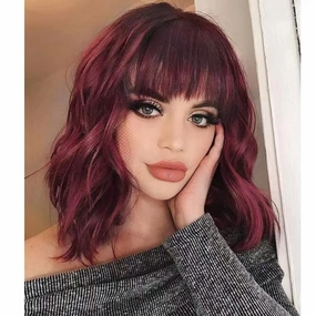 NOBLE Synthetic Ombre Burgundy Wig Short Wavy Wigs With Air Bangs Shoulder Length Wig For Women Curly Wavy Heat Resistant Synthetic Colorful BOB Wigs