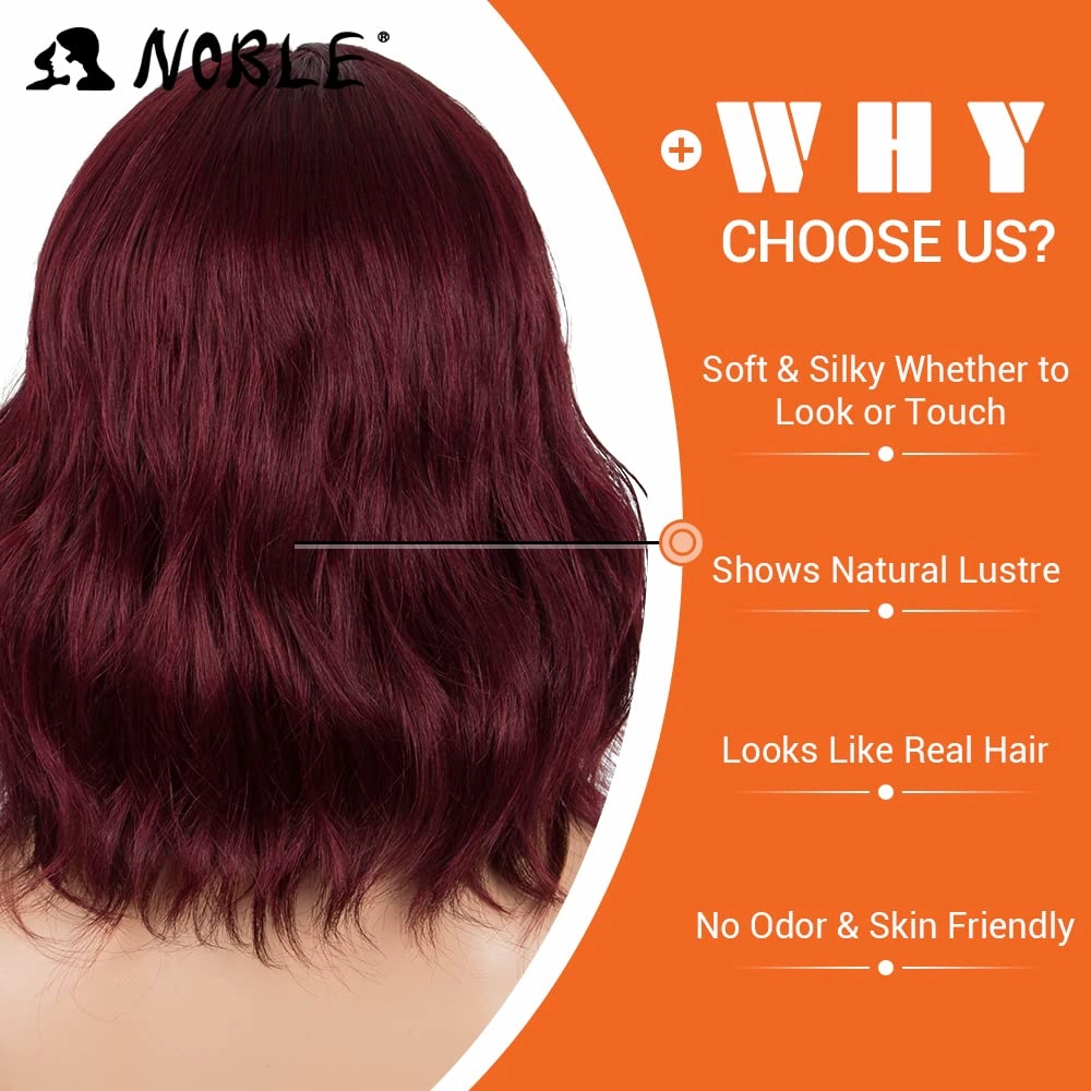 NOBLE Synthetic Ombre Burgundy Wig Short Wavy Wigs With Air Bangs Shoulder Length Wig For Women Curly Wavy Heat Resistant Synthetic Colorful BOB Wigs