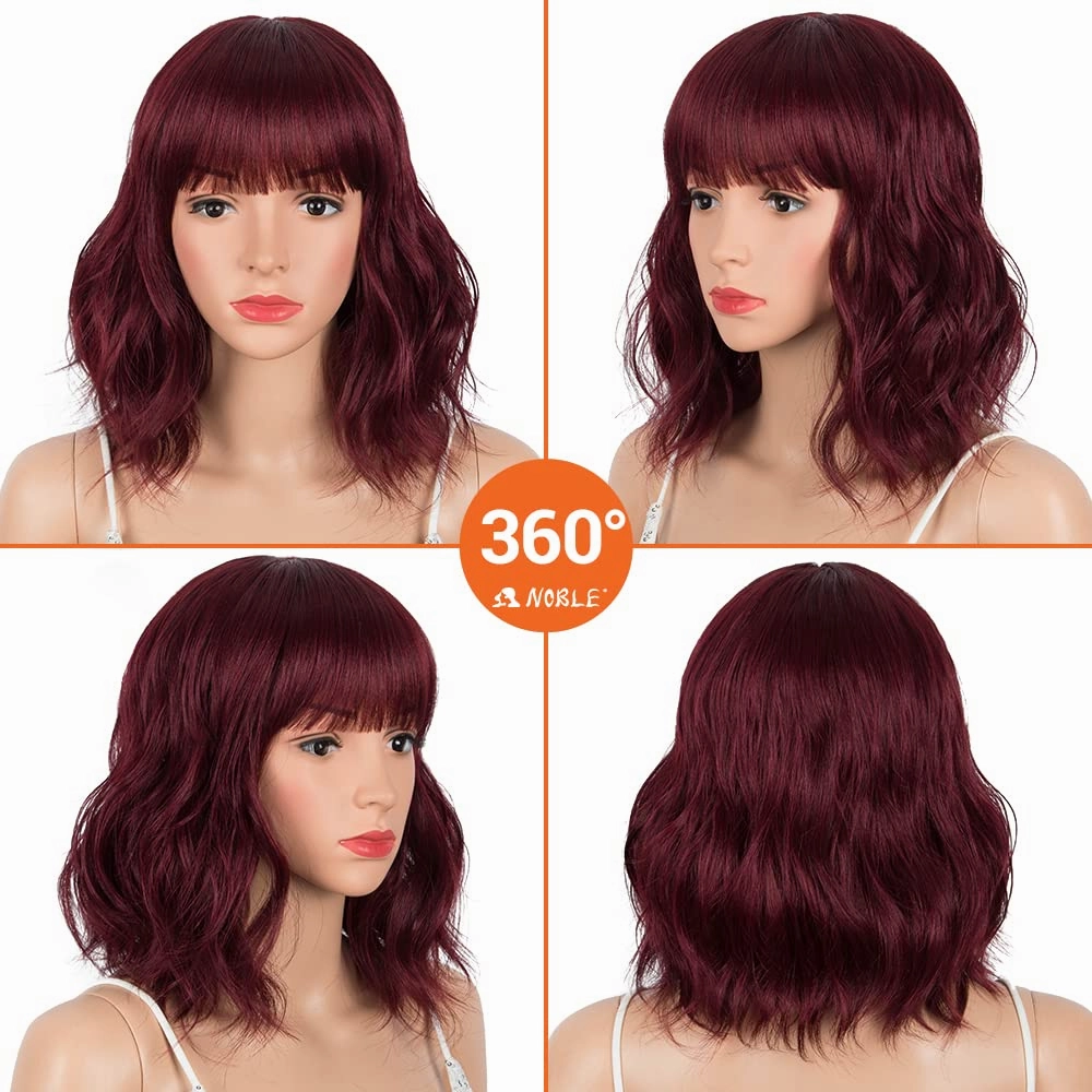 NOBLE Synthetic Ombre Burgundy Wig Short Wavy Wigs With Air Bangs Shoulder Length Wig For Women Curly Wavy Heat Resistant Synthetic Colorful BOB Wigs
