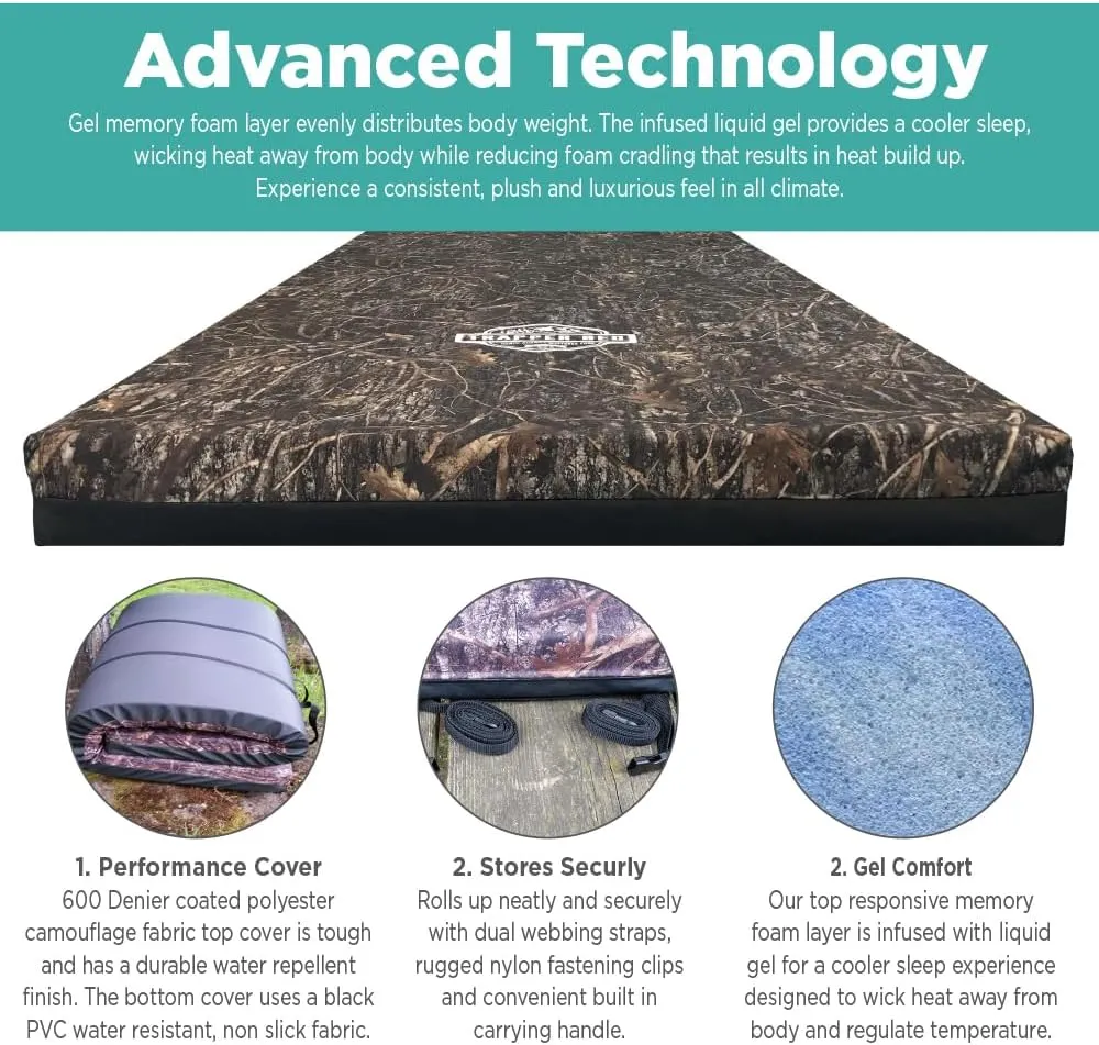 North American Mattress Trapper Bed 4" Luxury Hunter Camping Sleep Pad with Gel Memory Foam and TRUETIMBER Camo Cover