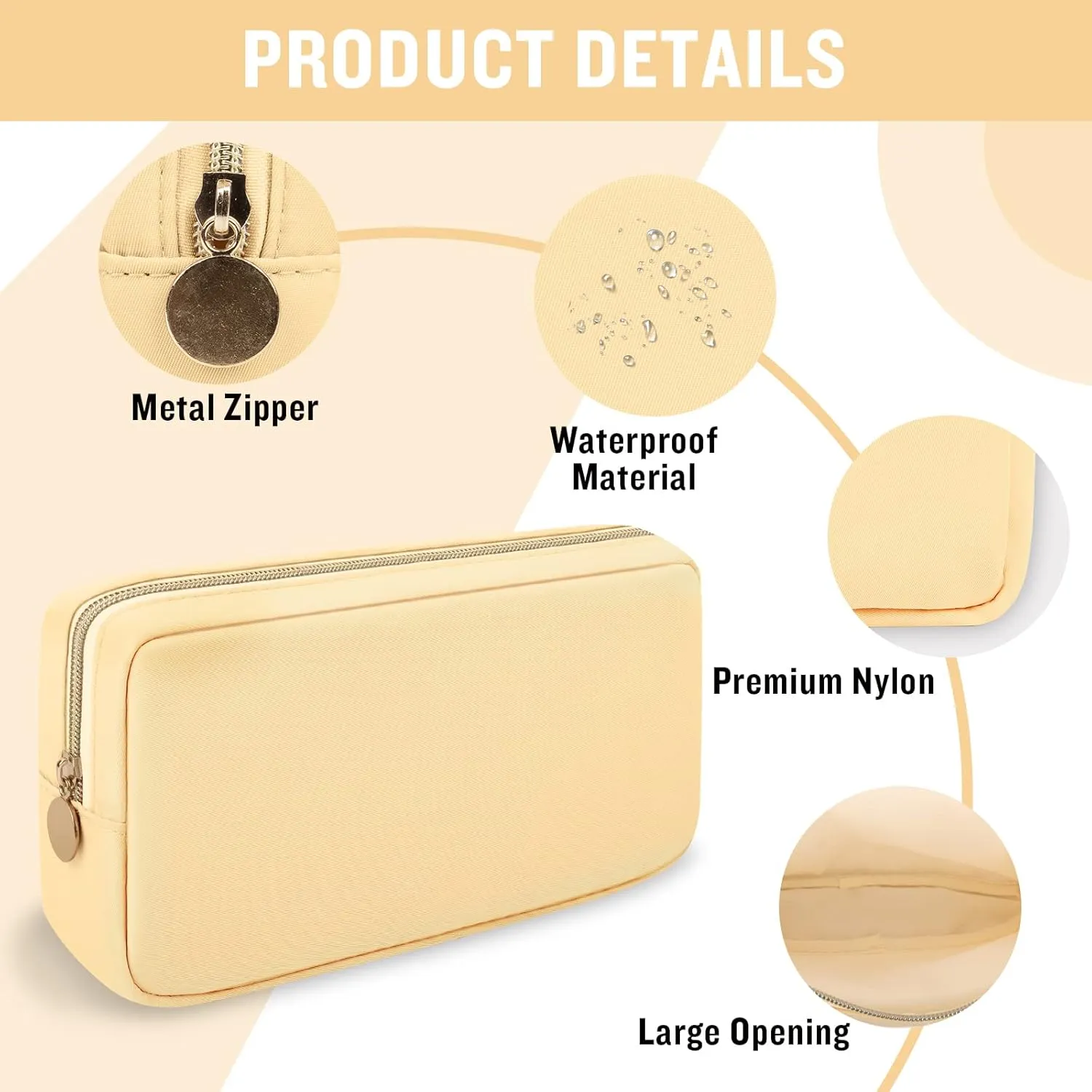Nylon Small Makeup Bag Cosmetic Zipper Pouch for Purse, Preppy Makeup Bag Compact Make up Pouch Toiletry Bag, Waterproof Zipper Purse Travel Coin Pouch Storage Bag for Women Girls Teens(Beige)