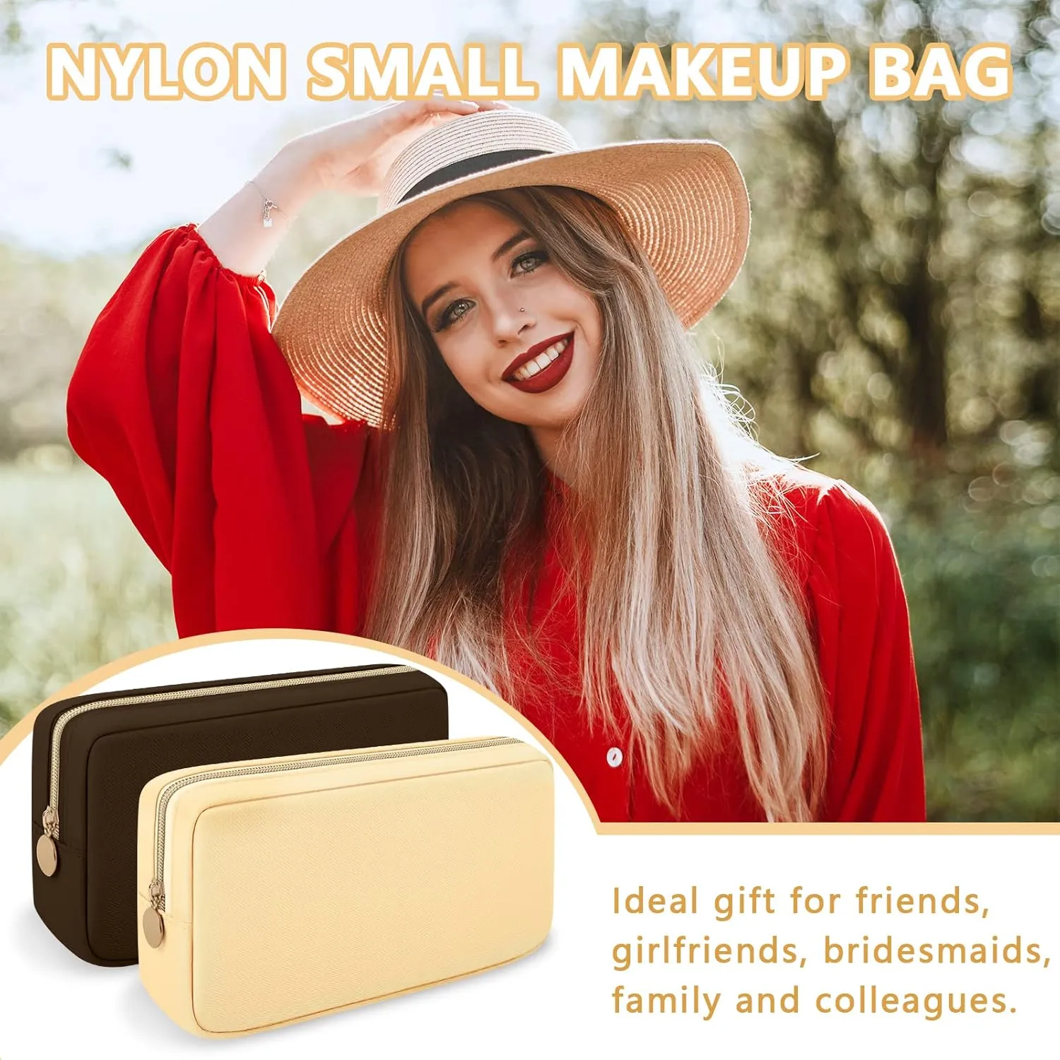 Nylon Small Makeup Bag Cosmetic Zipper Pouch for Purse, Preppy Makeup Bag Compact Make up Pouch Toiletry Bag, Waterproof Zipper Purse Travel Coin Pouch Storage Bag for Women Girls Teens(Beige)