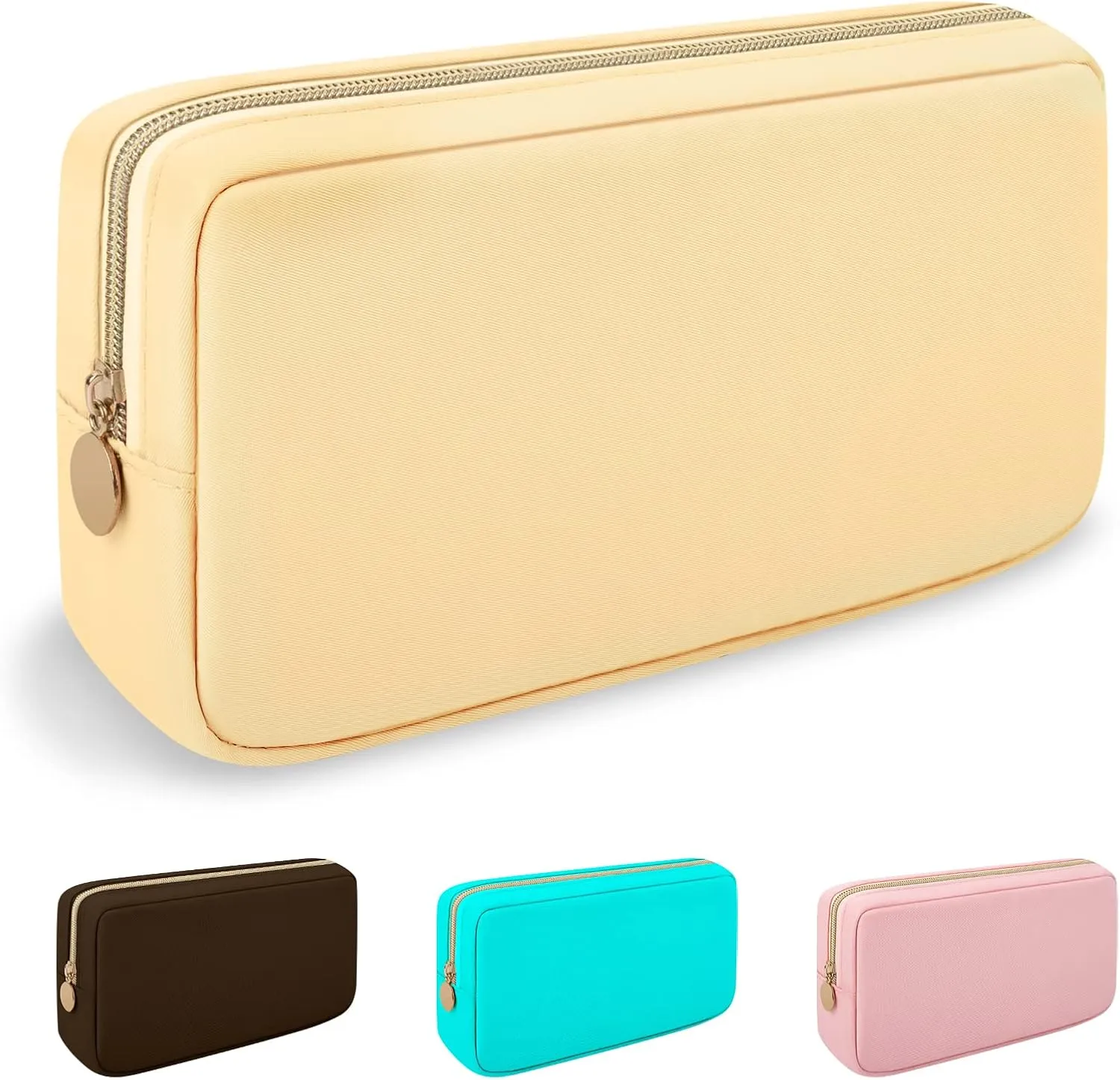 Nylon Small Makeup Bag Cosmetic Zipper Pouch for Purse, Preppy Makeup Bag Compact Make up Pouch Toiletry Bag, Waterproof Zipper Purse Travel Coin Pouch Storage Bag for Women Girls Teens(Beige)