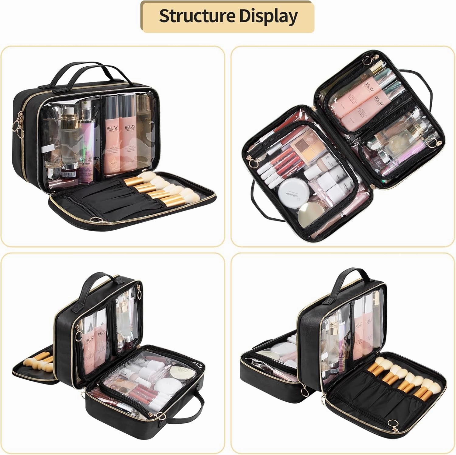 OCHEAL Makeup Bag Organizer, Double Layer Cosmetic Bag, Large Capacity Travel Toiletry Bag for Women Beauty Essentials, Multiple Compartments Makeup Case Organizer Zipper Pouch - Black