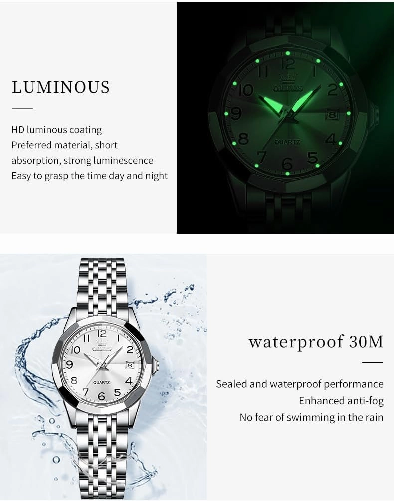 OLEVS Watches for Women Diamond with Date Luxury Leather Female Waterproof Women Wrist Watch Analog Dress Stainless Steel Ladies Watch Luminous Calendar Women Watch Green/Silver/Red Dial