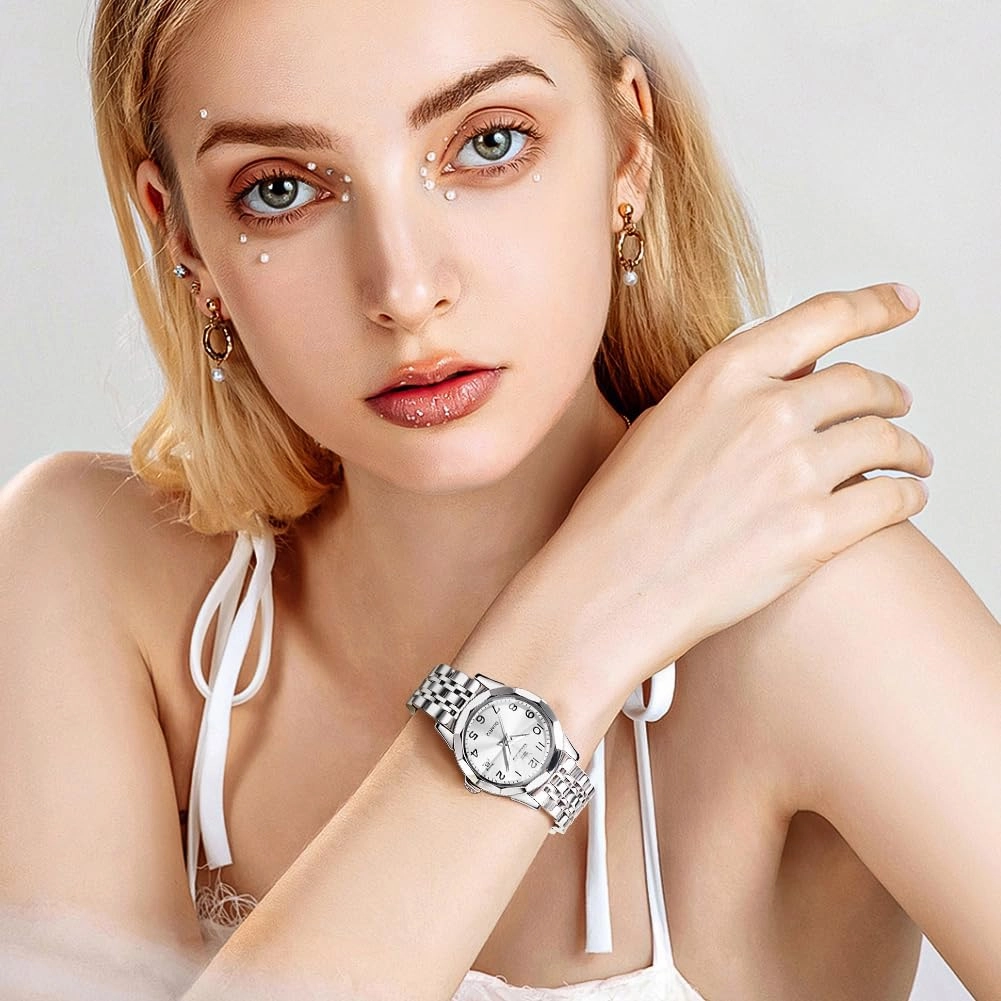 OLEVS Watches for Women Diamond with Date Luxury Leather Female Waterproof Women Wrist Watch Analog Dress Stainless Steel Ladies Watch Luminous Calendar Women Watch Green/Silver/Red Dial