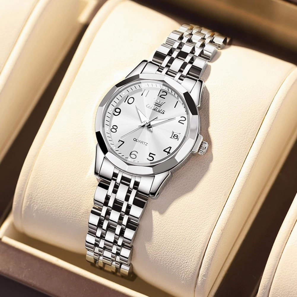 OLEVS Watches for Women Diamond with Date Luxury Leather Female Waterproof Women Wrist Watch Analog Dress Stainless Steel Ladies Watch Luminous Calendar Women Watch Green/Silver/Red Dial