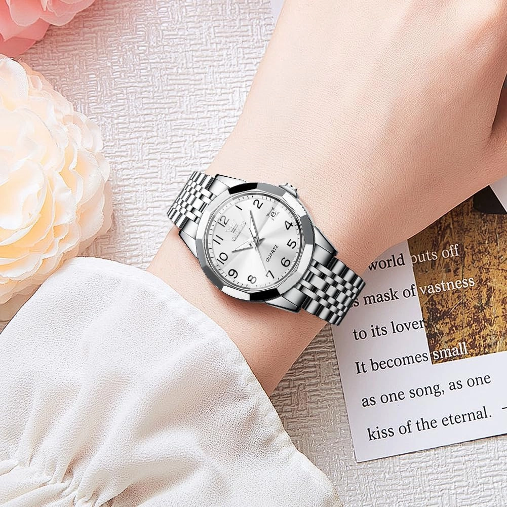OLEVS Watches for Women Diamond with Date Luxury Leather Female Waterproof Women Wrist Watch Analog Dress Stainless Steel Ladies Watch Luminous Calendar Women Watch Green/Silver/Red Dial