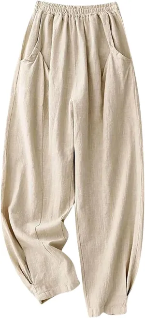 Oplxuo Women Cotton Linen Pants Elastic High Waisted Wide Leg Palazzo Pants Casual Loose Beach Vacation Trousers with Pockets