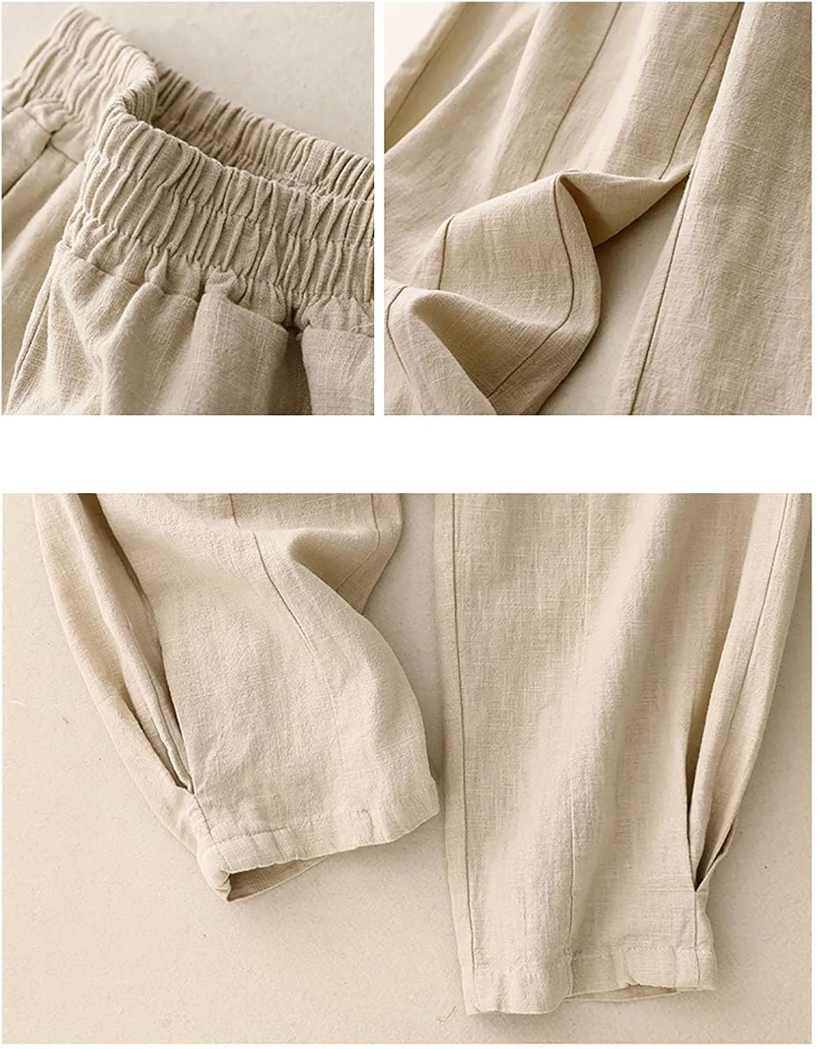 Oplxuo Women Cotton Linen Pants Elastic High Waisted Wide Leg Palazzo Pants Casual Loose Beach Vacation Trousers with Pockets