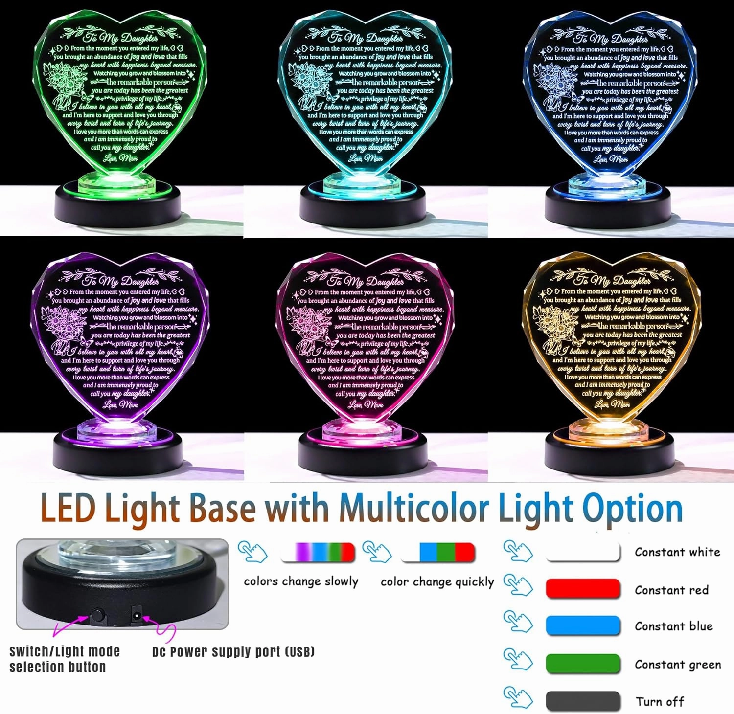 Ornalrist Daughter Gifts from Mom Dad, Birthday Gifts for Daughter, to My Daughter Crystal Heart Shaped Keepsake with LED Light Base, Christmas Birthday Graduation Present for Daughter