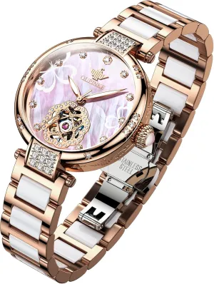OUPINKE Womens Automatic Watches Diamond Elegant Dress Wrist Watch Skeleton Mechanical Self Winding Waterproof Luminous Ladies Gifts