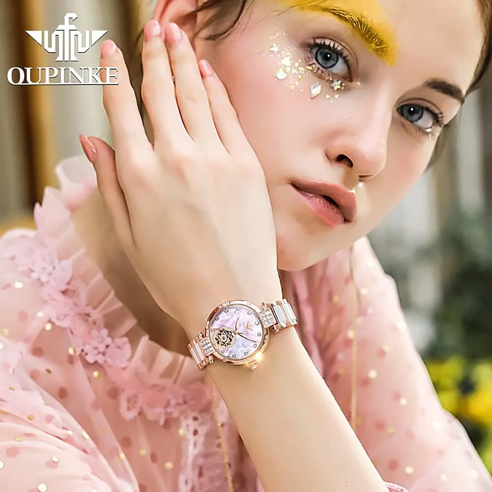OUPINKE Womens Automatic Watches Diamond Elegant Dress Wrist Watch Skeleton Mechanical Self Winding Waterproof Luminous Ladies Gifts