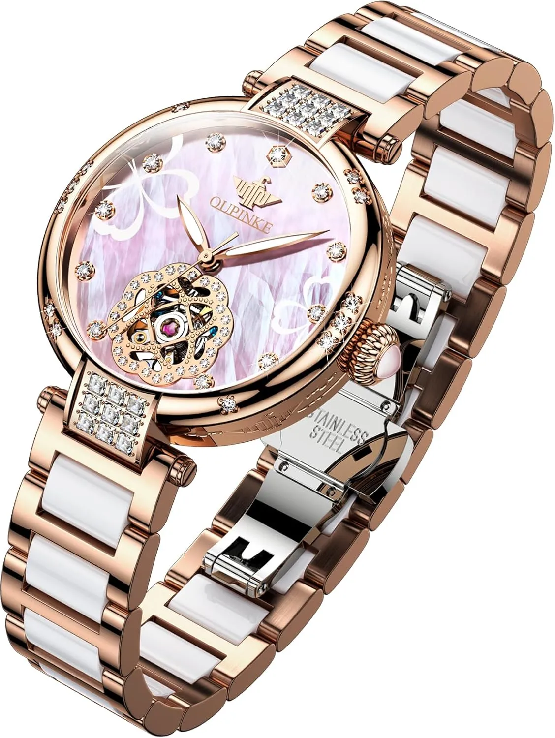 OUPINKE Womens Automatic Watches Diamond Elegant Dress Wrist Watch Skeleton Mechanical Self Winding Waterproof Luminous Ladies Gifts