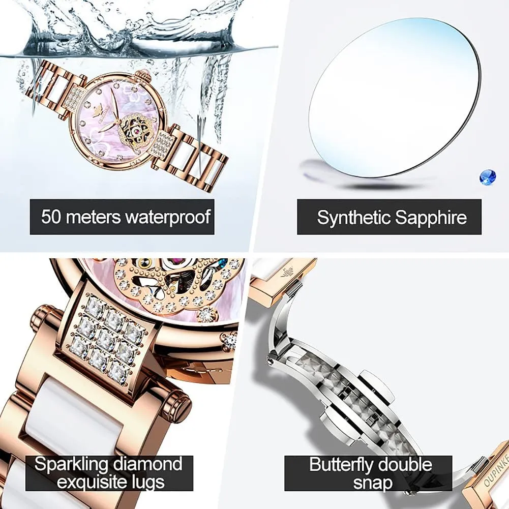 OUPINKE Womens Automatic Watches Diamond Elegant Dress Wrist Watch Skeleton Mechanical Self Winding Waterproof Luminous Ladies Gifts