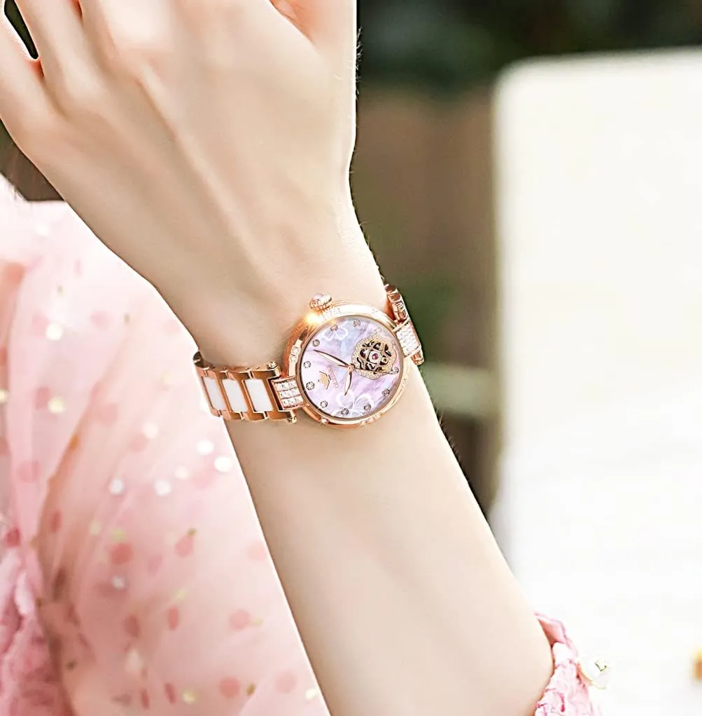 OUPINKE Womens Automatic Watches Diamond Elegant Dress Wrist Watch Skeleton Mechanical Self Winding Waterproof Luminous Ladies Gifts