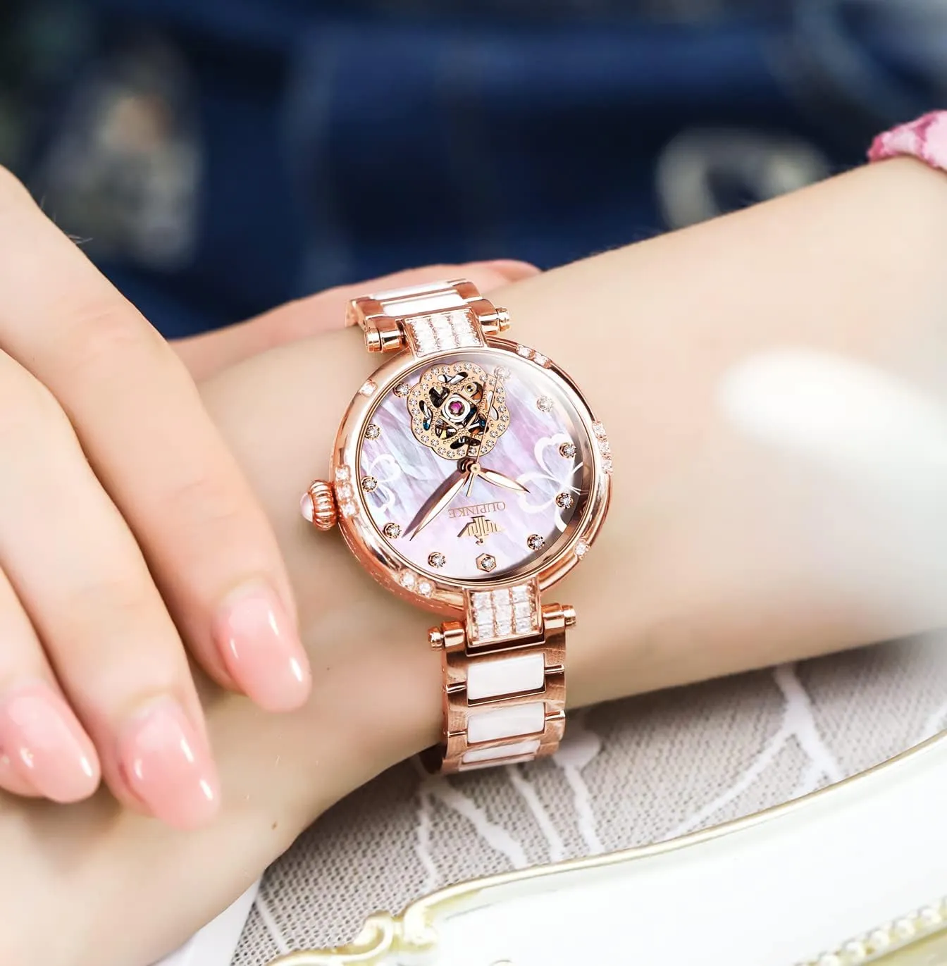 OUPINKE Womens Automatic Watches Diamond Elegant Dress Wrist Watch Skeleton Mechanical Self Winding Waterproof Luminous Ladies Gifts